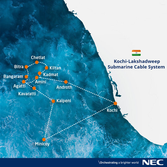 Kochi map showing Kochi-Lakshadweep submarine cable systems